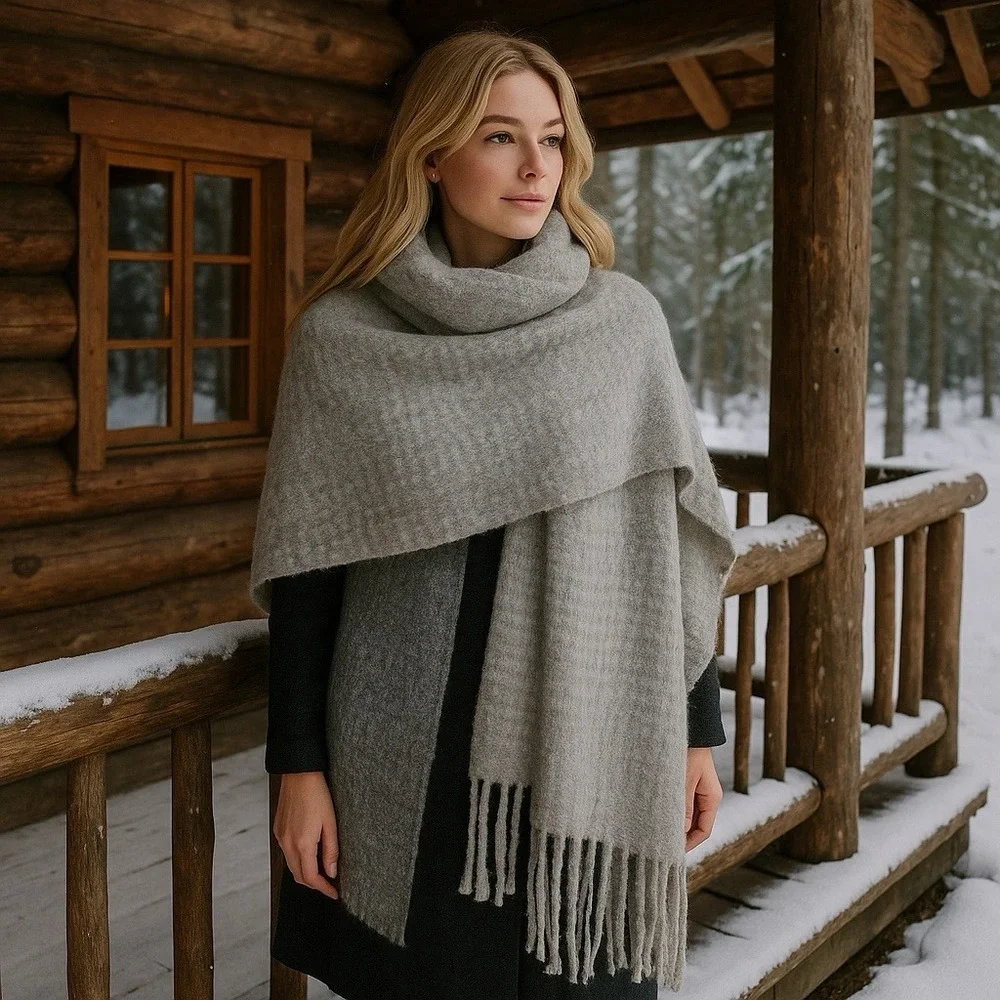 MER SEA Gray Ombré Wrap Scarf Coastal Cabin Classic Capsule Cozy Fringed OS